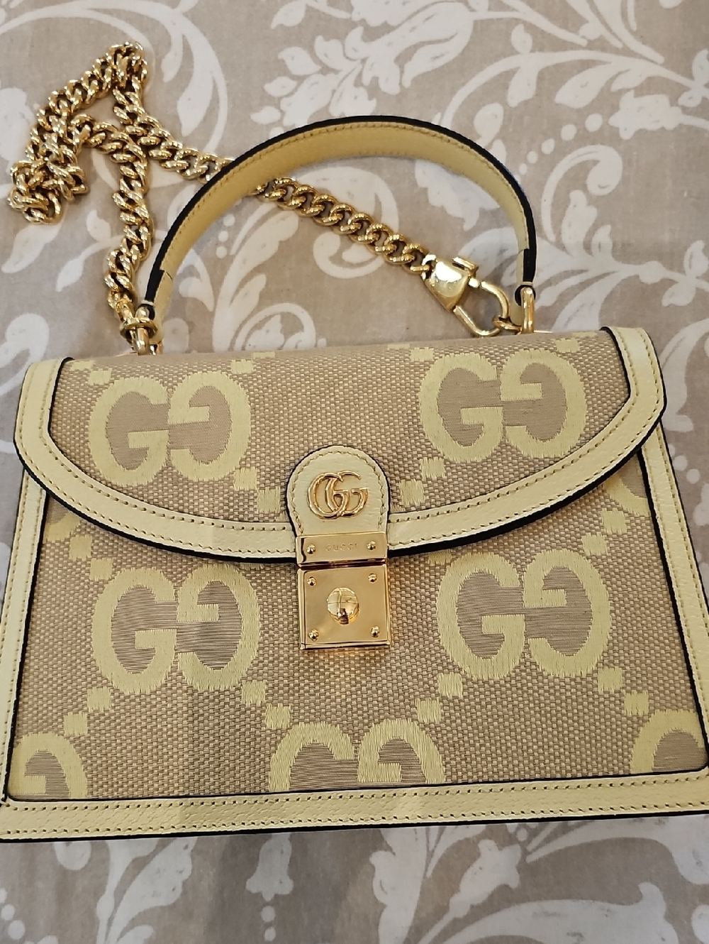 Gucci Yellow-Beige GG Ophidia medium top handle bag